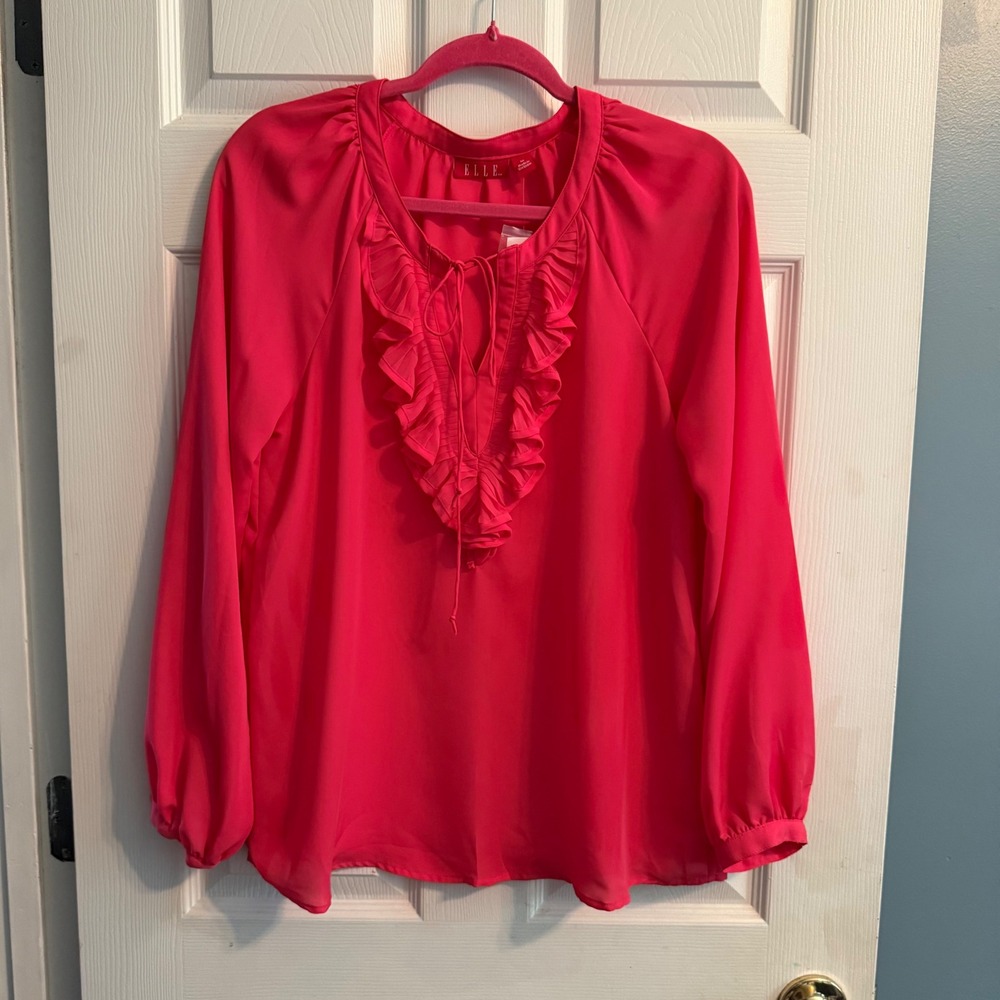 NWT ELLE Ruffled Tie-Neck Blouse Top Coral Pink Long Sleeve Womens Medium